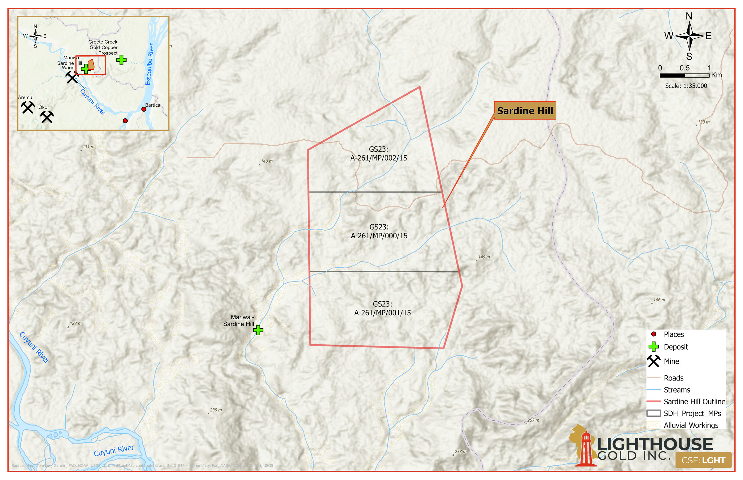Sardine Hill property map showing the three permit boundaries, surrounding waterways, regional inset, scale and legend
